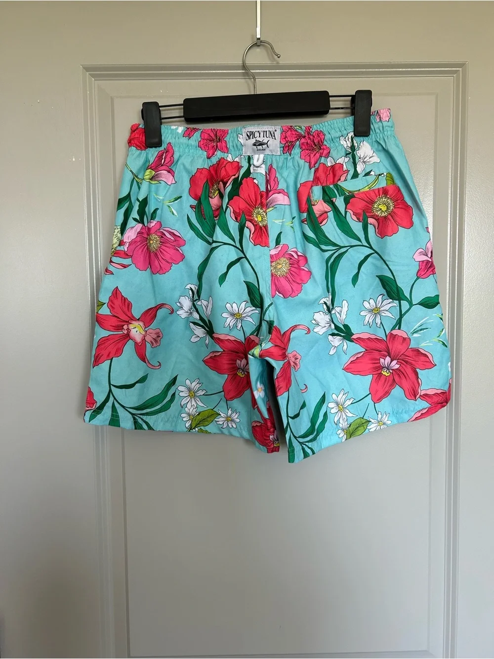 Men's Turquoise Floral Swim Trunks with Pink Flower Print